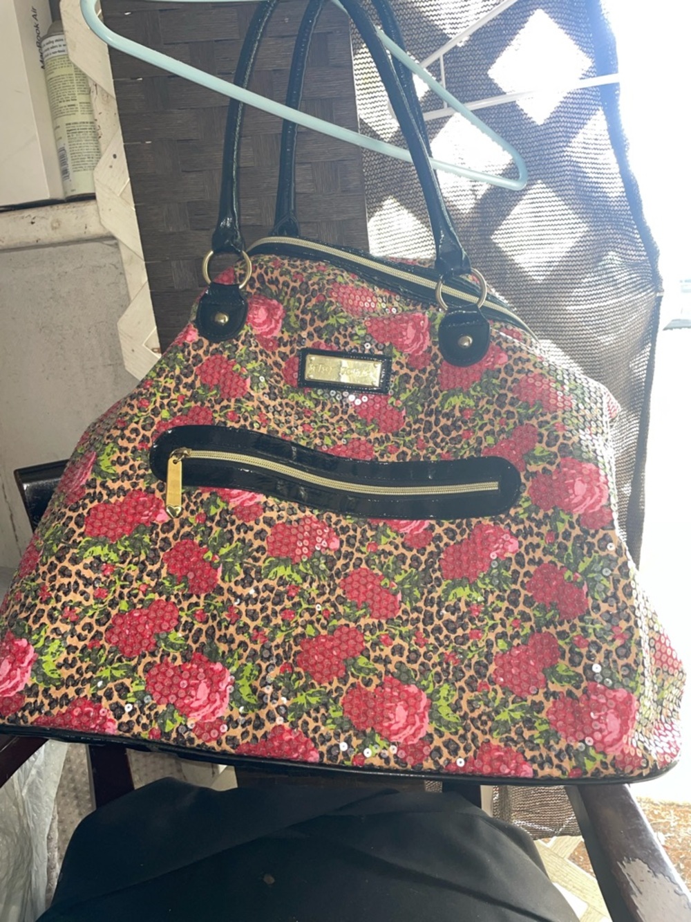 Betsey Johnson Pink Floral Leopard Sequin Tote with Black Trim